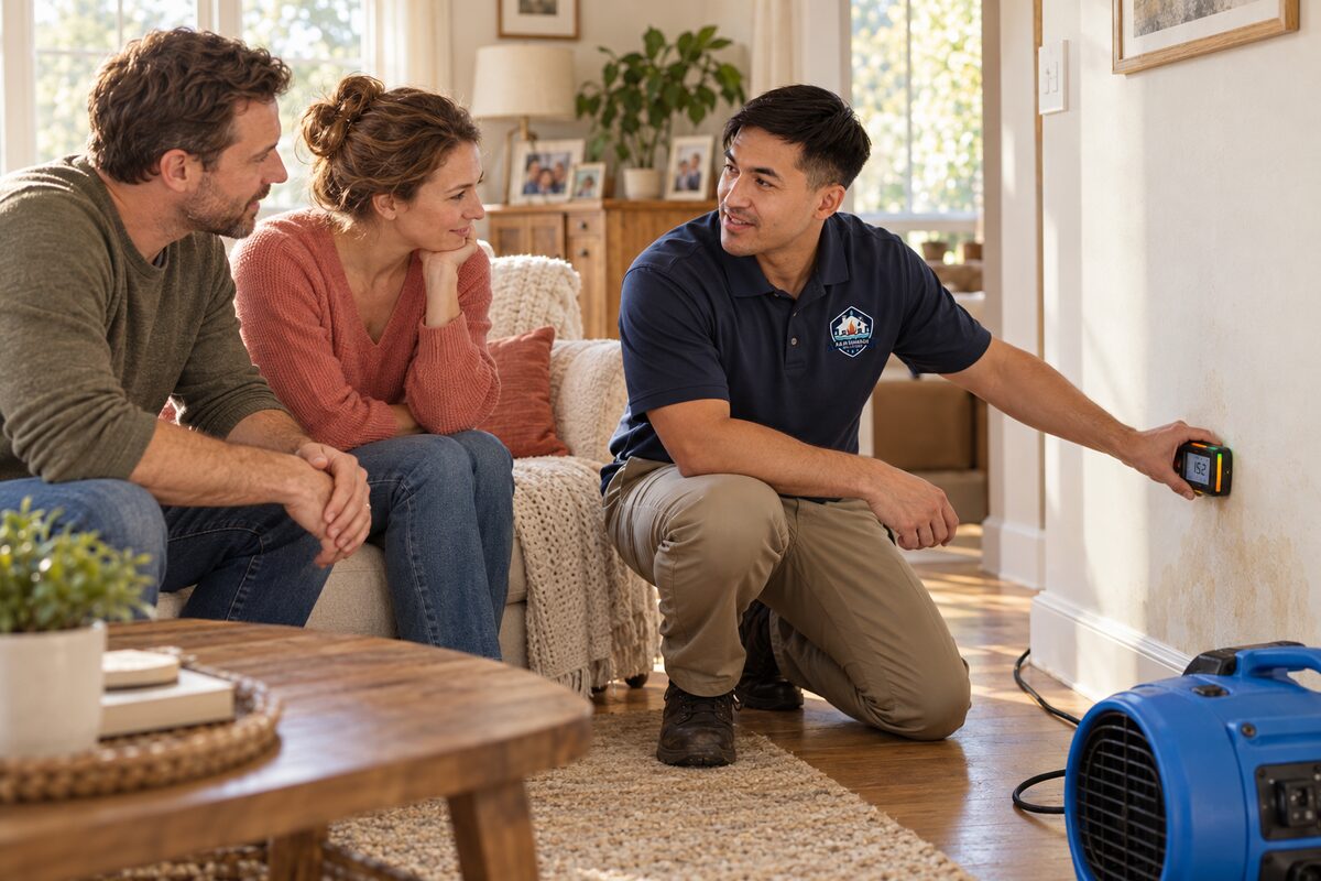 An A&M technician showing a couple a moisture meter reading on their living room wall