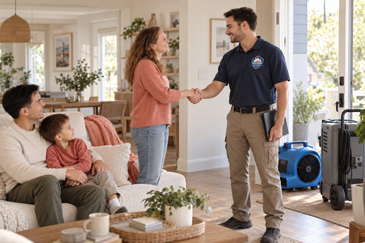 An A&M project manager shaking hands with a homeowner in their restored living room