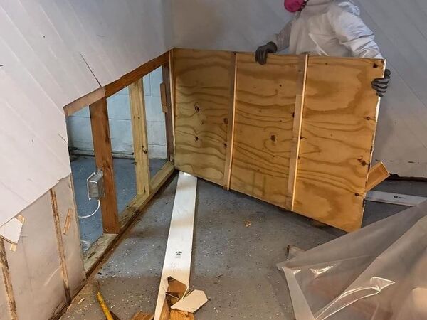 A technician removing affected wall material during controlled demolition