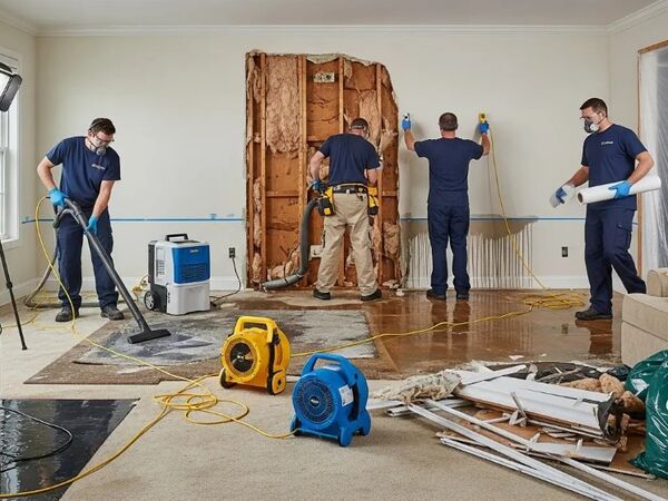 A&M crew setting up drying equipment in a stripped room